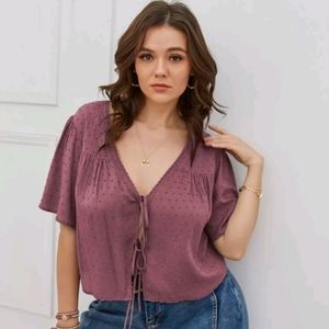 Shein Plus Size Swiss Dot Tie Front Cropped Blouse